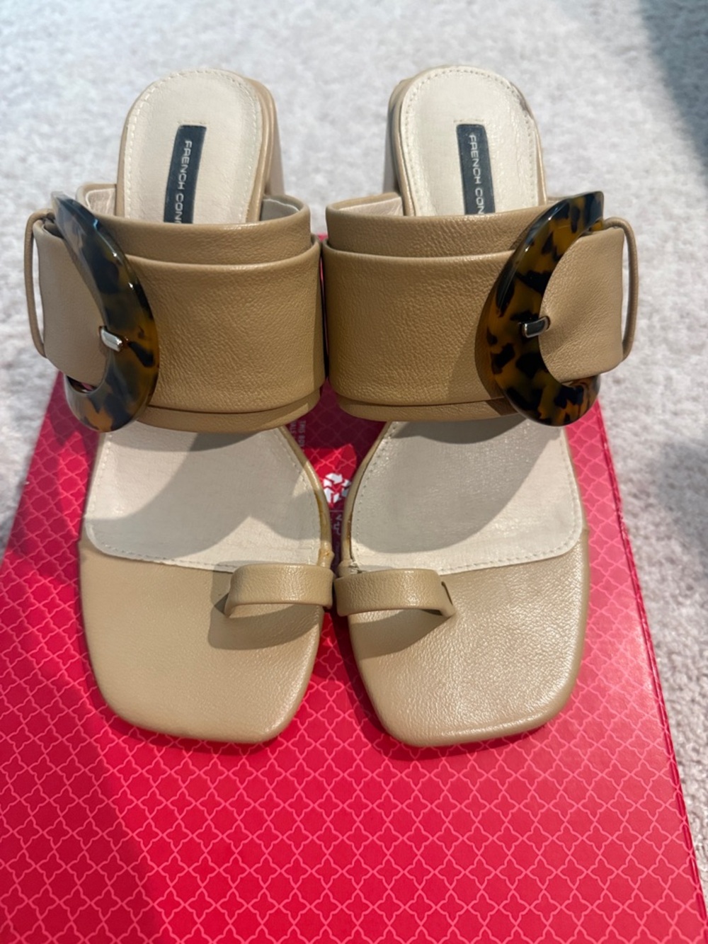 French Connection Beige Leather Slide Mules with Tortoiseshell Buckle